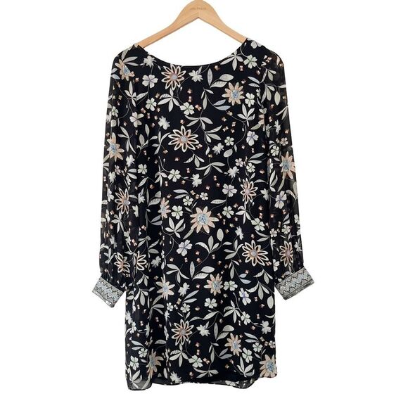 Equal Black Floral Long Sleeve Flowy Sequin Cuffs Shift Dress - Picture 1 of 11